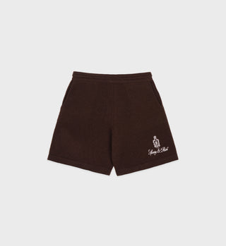 The Vendome Cashmere Short in chocolate features an elastic waistband, side pockets, and a white embroidered logo and text on the left leg, shown on a white background.