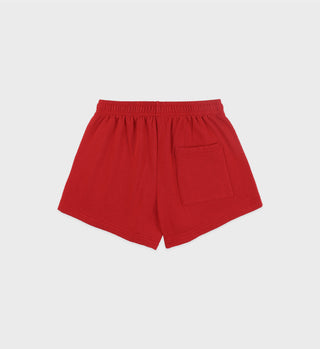 Beverly Hills Crest Soft Disco Short - Ruby features an elastic waistband and a back pocket, displayed on a plain white background.