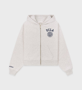Heather grey full-zip hoodie with navy 'UCLA' text and the official UCLA seal on the left chest, featuring front pockets, a hood, and small 'Sporty&Rich' text on the left sleeve.