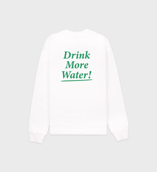 The Drink More Water Crewneck - White/Verde is a white, 100% cotton, pre-shrunk sweatshirt with green Drink More Water! text on the back. Made in the USA for a perfect fit.