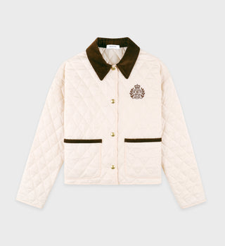 The H&W Crest Nylon Cropped Quilted Jacket in cream features a dark brown corduroy collar, button details, trim, functional pockets, and an embroidered chest crest.
