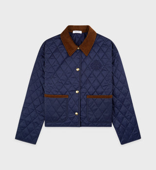 The H&W Crest Nylon Cropped Quilted Jacket in navy features a brown corduroy collar, brown pocket trim, gold buttons, and functional pockets. Shown laid flat on a white background.