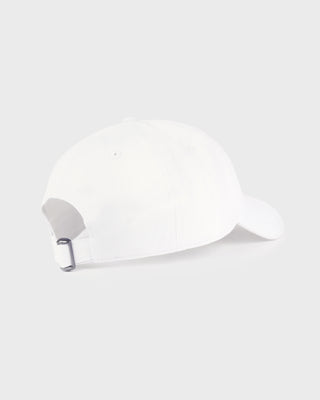 The I Love NY Hat - White is a plain white dad hat made from 100% cotton twill, shown from the back and featuring an adjustable metal buckle closure.