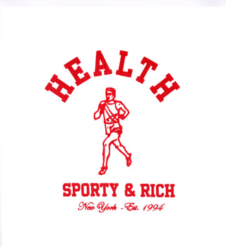 The NY Running Club Ringer Tee - White/Sports Red features red “HEALTH SPORTY & RICH” text and a runner graphic above “New York - Est. 1994,” printed on 100% cotton.
