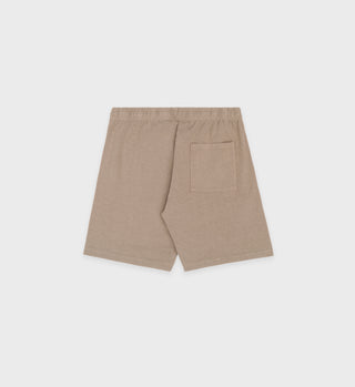 Made In USA Gym Short in Espresso/White, featuring an elastic waistband and single back pocket, displayed laid flat on a white background.