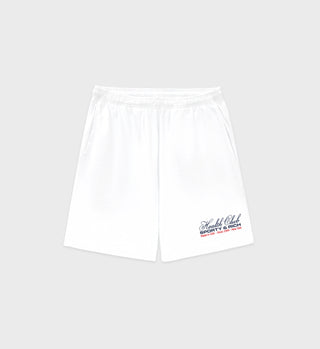 The Made In USA Gym Short - White/Navy/Fire Red is crafted from 100% cotton, featuring a drawstring waistband, side pockets, and Skate Club Sports Division text on the lower left leg.