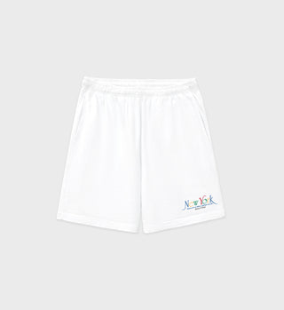 White sweat shorts with an elastic waistband, side pockets, and a multi-colored 'New York Health & Wellness Club Sporty & Rich' text near the left hem.