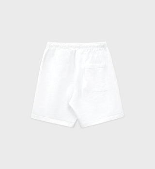 Back packshot view of white sweat shorts with an elastic waistband, side pockets, and a multi-colored 'New York Health & Wellness Club Sporty & Rich' text near the left hem.