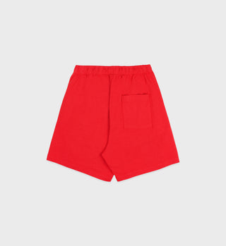 Prep Gym Short - Sports Red/White, unisex design with an elastic waistband and a single back pocket, shown on a plain white background.