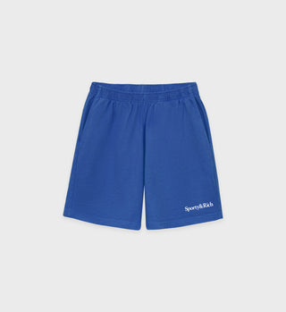 Serif Logo Gym Short in Imperial Blue/White features a heavy jersey fabric, elastic waistband, and white Sporty & Rich text on the left leg.