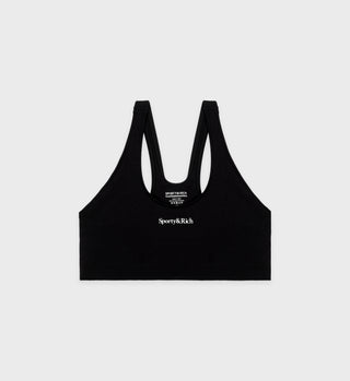 The Serif Logo Sport Bra in black/white features the Sporty & Rich logo on the front, providing excellent support on a plain background.