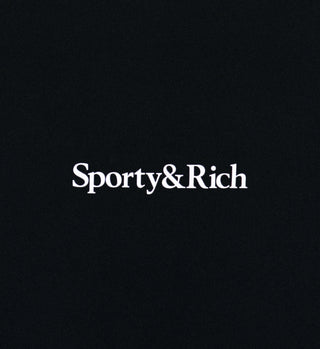 The Serif Logo Sport Bra in Black/White features a black background with white text reading Sporty & Rich, embodying the luxury of activewear while providing excellent support.