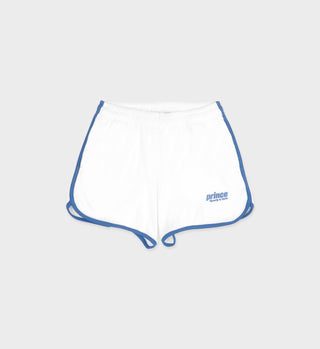 The Prince Sporty Terry Short in White/Lapis features blue trim, a logo on the left leg, and is made from 100% cotton, shown against a plain background.
