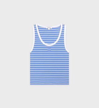 The SRHWC Baby Tank - Juniper/White is a blue and white striped tank with a chic cropped fit, featuring a small circular chest logo, crafted from 100% cotton for ultimate comfort.