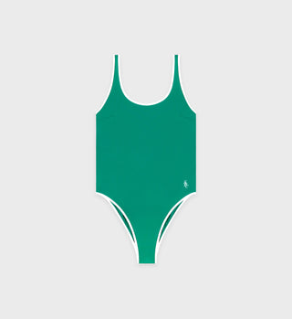 The Carla One Piece - Spring Green/White is a green swimsuit with white trim, made from recycled ECONYL® polyamide, shown flat on a light gray background. A chic choice from Sporty & Rich Swimwear.