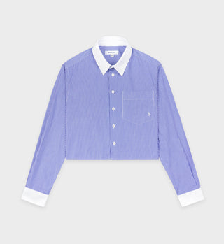 The SRC Cropped Shirt - White/Blue Stripe features blue and white pinstripes, a white collar and cuffs, crafted by a European maker from premium cotton with mother of pearl buttons, shown on a plain background.
