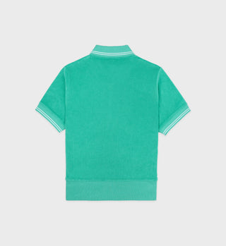 Back view of the SRC Terry Polo - Caribbean/White: a short-sleeve green cotton terry polo with white striped trim on collar and sleeves. Made in Portugal.