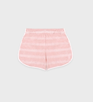 SRC Terry Short - Pink Dolphin Striped: pink athletic terry shorts with white horizontal stripes and trim, crafted in Portugal from 100% cotton, shown on a light gray background.