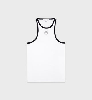 White ribbed tank top with black contrast trim at the neckline and armholes, featuring a small circular embroidered logo on the chest.