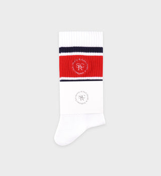 SRHWC Roller Socks - White/Navy/Ruby unisex socks featuring red and navy stripes and an embroidered logo on the cuff, shown on a light gray background.