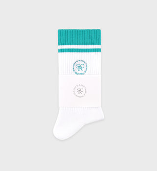 SRHWC Socks - White/Spring Green: White socks with spring green cuff and stripes, folded with a white label featuring a circular spring green logo. Made in Portugal, these socks offer comfort and style for women’s shoe size ranges.