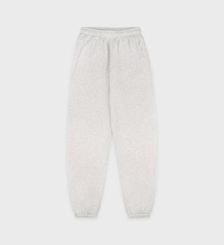 The SR Runner Soft Sweatpant in heather gray is a unisex style made from soft cotton fleece, featuring an elastic waistband and cuffs, shown laid flat on a white background.