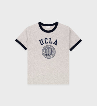 The UCLA Crest Ringer Tee in heather gray with navy ribbing features the UCLA logo on the front. Made from soft washed cotton for all-day comfort.