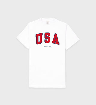 The USA T-Shirt - White/Sports Red/Navy is a unisex tee crafted from soft USA grown cotton, featuring bold red USA letters and smaller Sports & Work text on the chest.