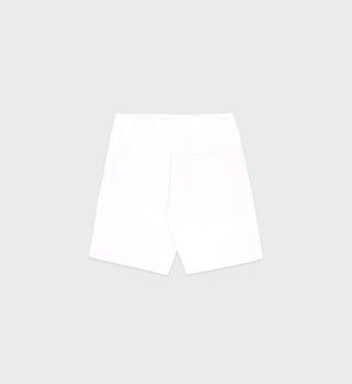 Vendome Gym Short - White/Navy featuring an elastic waistband and a single back pocket, shown on a plain light background.