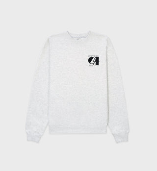 The Studio Crewneck - Heather Gray features a small black 9 Groove & Spin graphic on the left chest. Made in the USA.